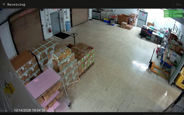 Live view from the receiving camera: pallets and boxes by the roll-up doors, a timestamp, and green Bay 1 and Bay 2 CLOSED tags from the door detector.