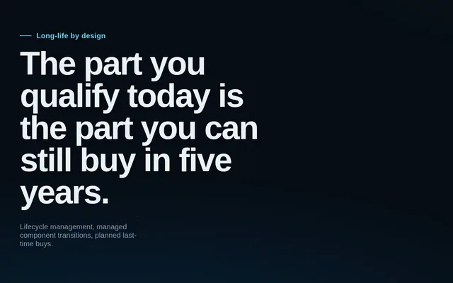 One kiosk frame: &ldquo;The part you qualify today is the part you can still buy in five years,&rdquo; on lifecycle management, in large white type on dark navy.