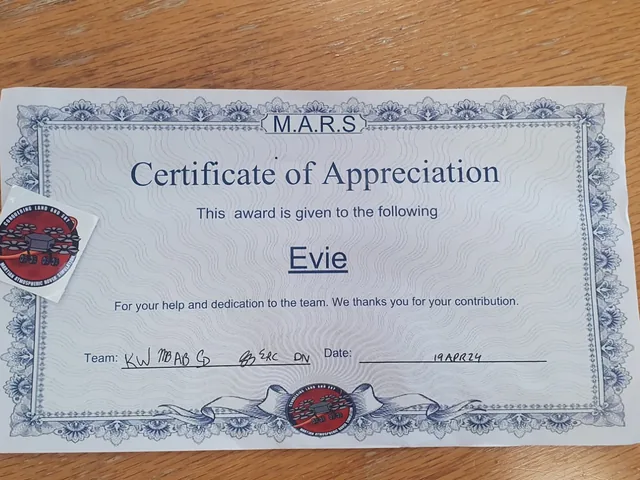 Certificate of Appreciation from the M.A.R.S. senior design team to Evie, &ldquo;for your help and dedication to the team&rdquo;, dated April 19, 2024, with the team&rsquo;s mission sticker.