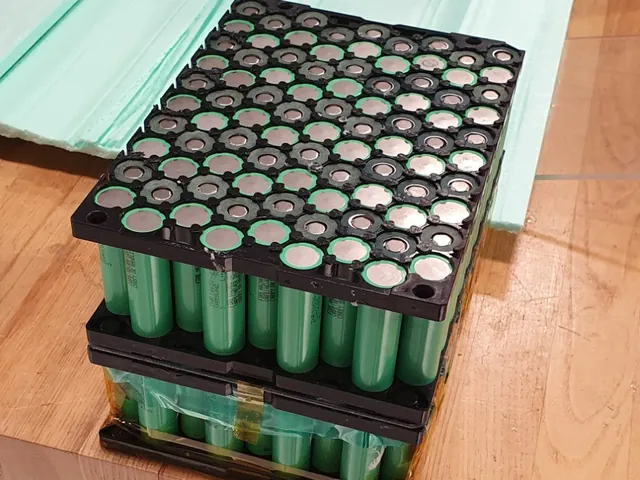 Two layers of green 18650 lithium-ion cells seated in black plastic holders on a workbench.