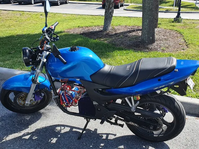 The rebuilt electric motorcycle in side profile: blue bodywork, black frame, the controller and wiring in the bay where the engine was, and the hub motor housing below.