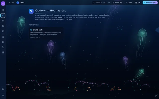 The Code home in the Deep Sea theme, &ldquo;Code with Hephaestus&rdquo;, with Shell:B&rsquo;s own source as a workspace whose changes reach the live app only through an owner-approved deploy.