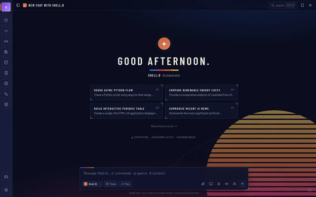 Shell:B&rsquo;s new-chat screen in the Synthfield theme: a greeting, four starter prompts, and the message box with agent, Think and Plan controls.