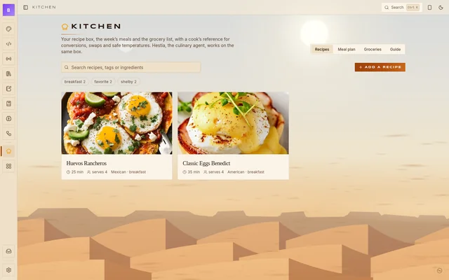 The Kitchen app in the light Arrakis theme: a recipe box with search, tags and two recipe cards, plus meal plan, groceries and guide tabs.