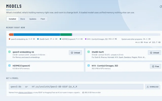 The Models page in the light Normandy theme: a bar of what is holding GPU memory right now, the loaded models with unload buttons, and a box to download new ones.