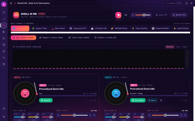 Shell:B FM in the Synthwave theme, a procedural radio and DJ workstation with genre channels, a visualizer and two decks with EQ and tempo controls.