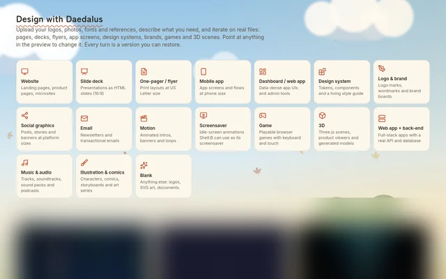 The Studio home in the light Ghibli Autumn theme, &ldquo;Design with Daedalus&rdquo;: tiles for websites, slide decks, flyers, apps, design systems, logos, motion, games, 3D and audio.