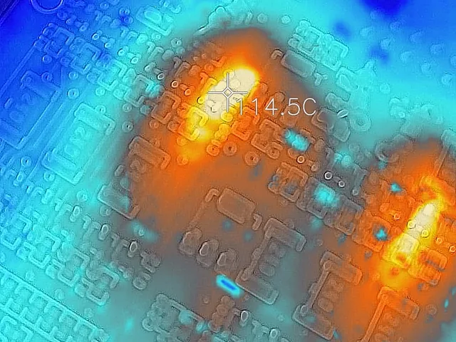 Thermal image of the BMS board while balancing: two hot spots at the balance resistors, reading 114.5 °C.