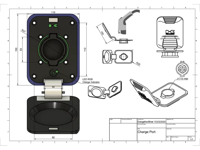 My engineering drawing of the charge port, October 2020: a J1772 inlet with an RGB charge-indicator ring in a hinged housing that replaces the fuel cap.
