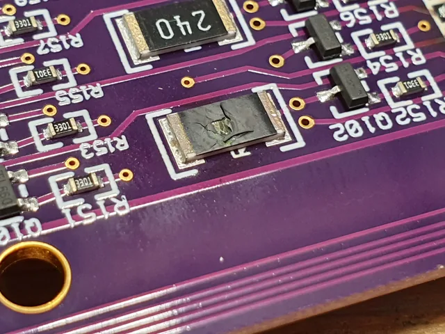 Close-up of a purple circuit board where one large surface-mount resistor has cracked and scorched.