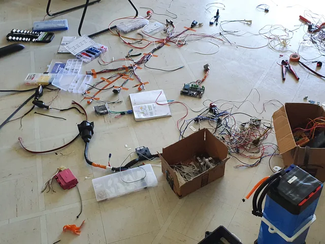 Wiring-harness branches laid out on the floor with tape labels, a wiring-diagram notebook, crimp tools and parts boxes.