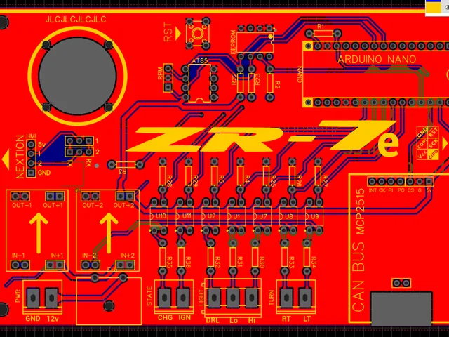 PCB layout of the ZR-7e speedometer board with footprints for an Arduino Nano, a CAN bus module, a display header and opto-isolated light and turn-signal inputs.